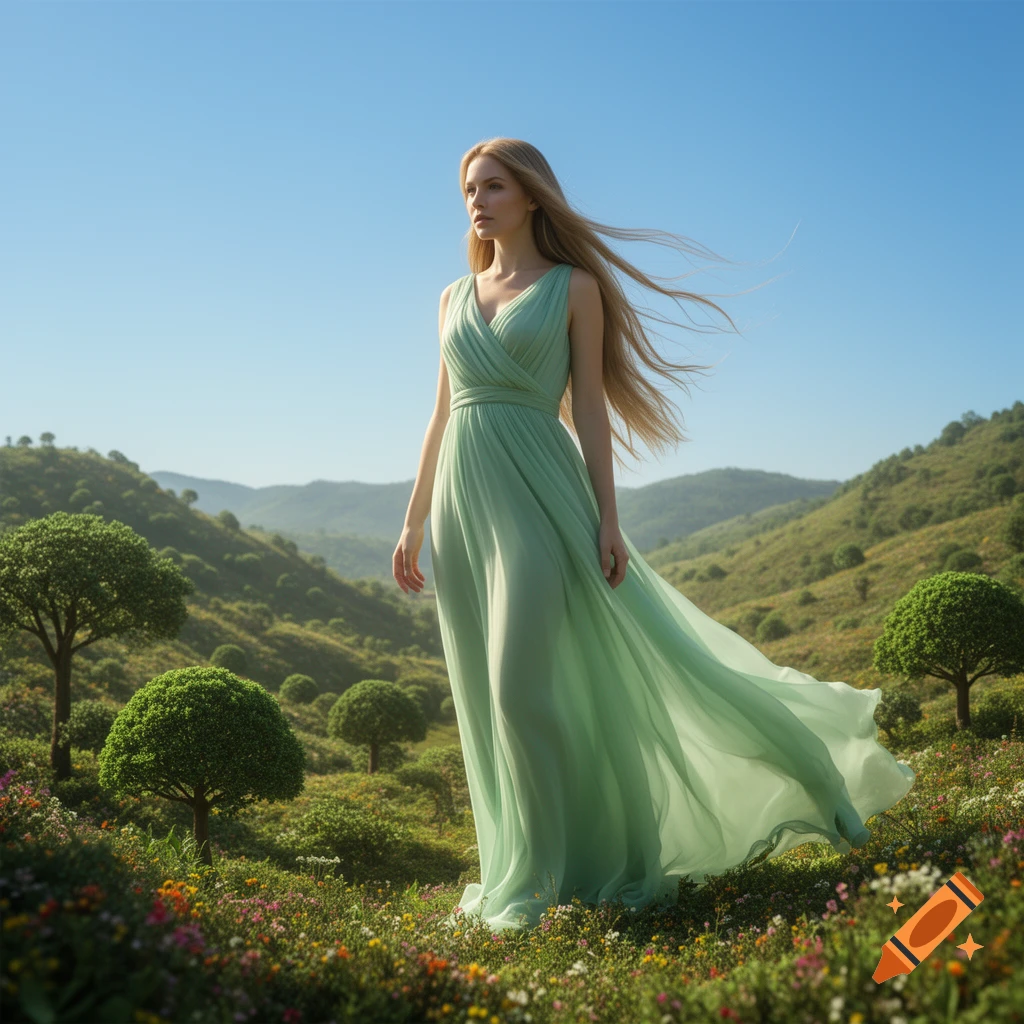 A photorealistic image of a woman in a flowing light green dress standing in a colorful flower meadow under a clear blue sky.