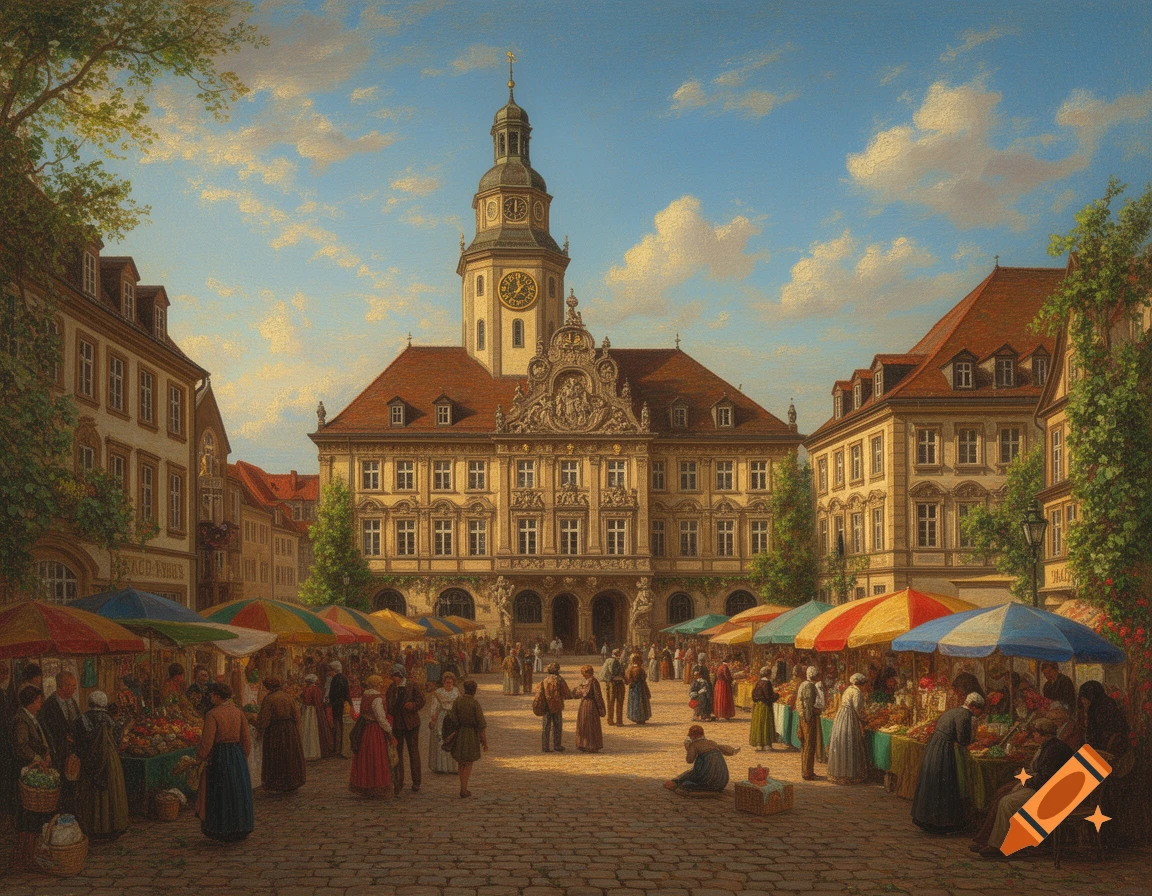 Oil painting of a bustling market square with a tall clock tower building, surrounded by classical architecture, under a bright blue sky.