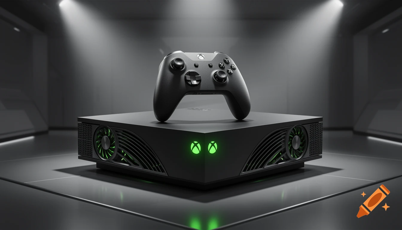 A sleek, black next-generation Xbox console with green glowing logos and a matching controller on top, set in a dimly lit, futuristic room.