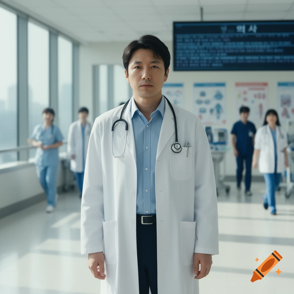 A photorealistic image of a male doctor in a white lab coat and stethoscope standing in a bright hospital corridor with other staff.