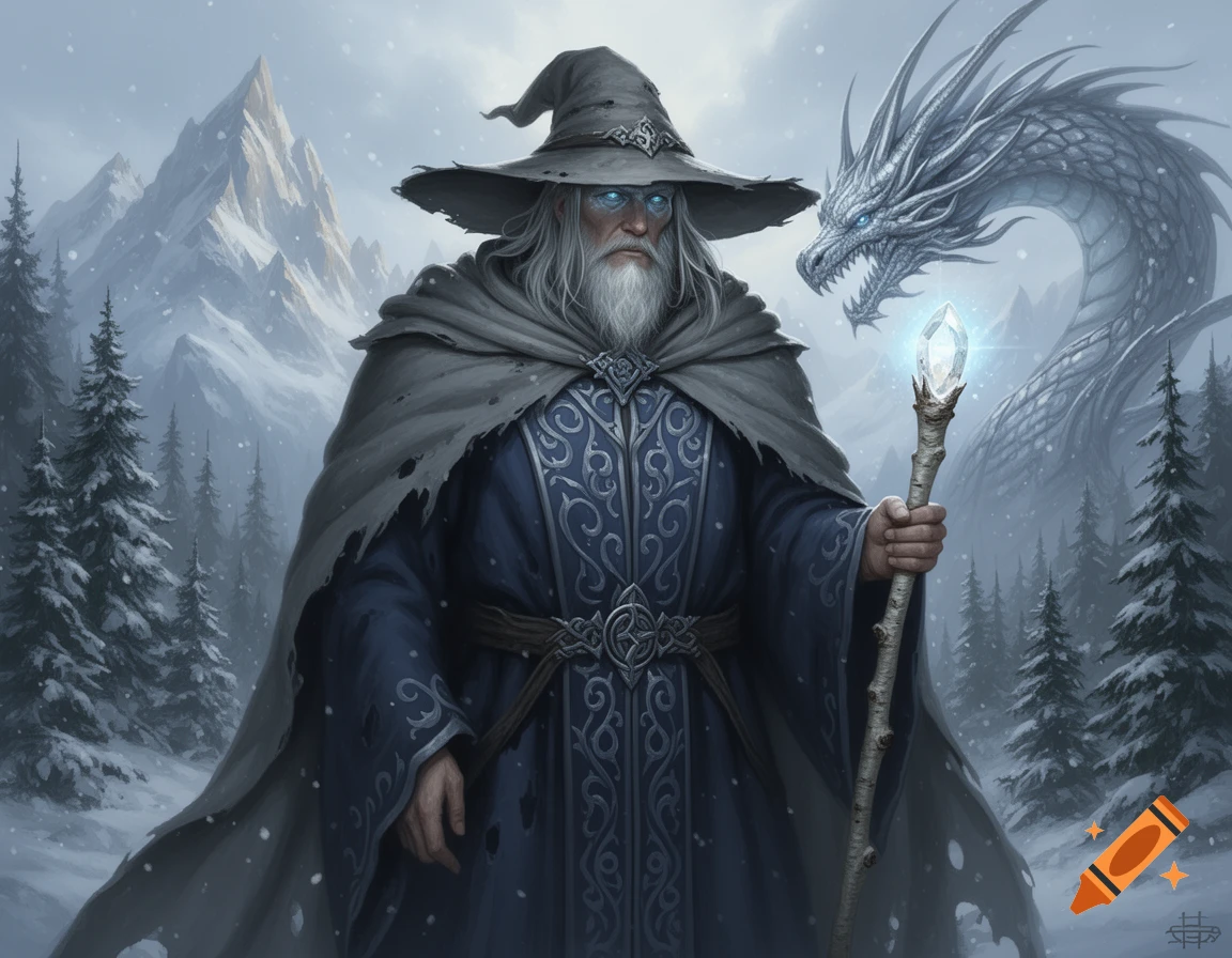 A wise old wizard with a glowing staff stands in a snowy mountain scene with a majestic white dragon, digital painting style.
