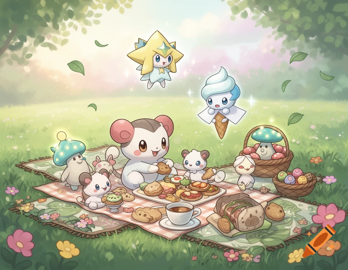 Pokemon characters Jirachi, Vanillite, Maushold, and Morelull enjoy a sunny outdoor picnic on a checkered blanket.