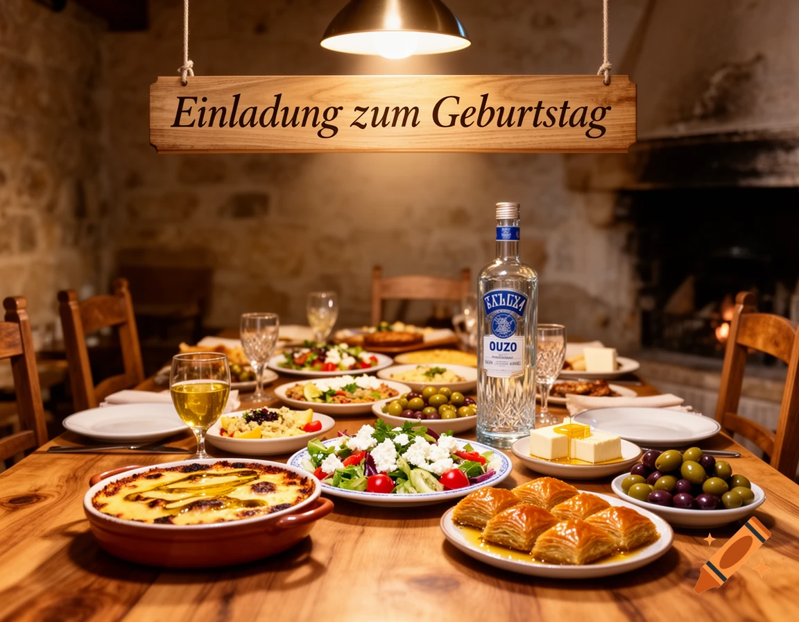 A dining table filled with Greek food including moussaka, salad, baklava, and an Ouzo bottle, beneath a sign reading 'Einladung zum Geburtstag'.