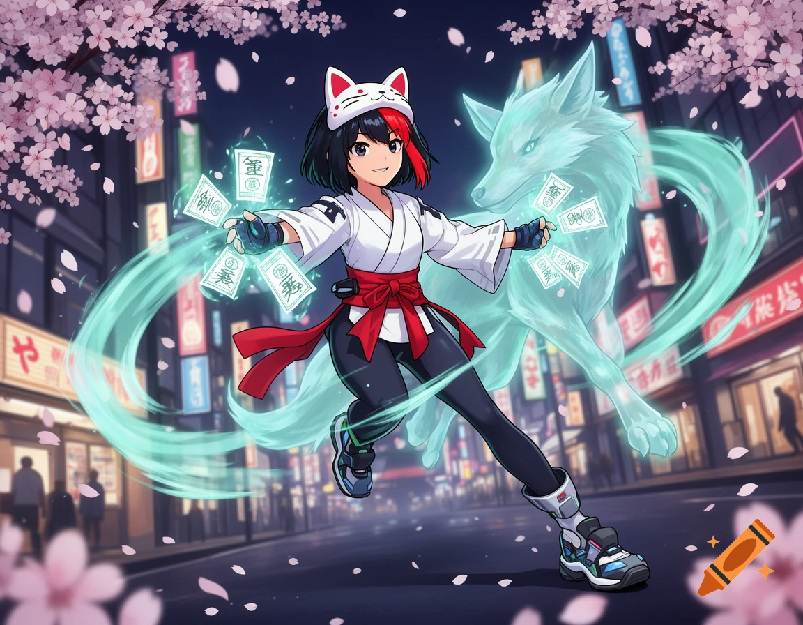 A cel-shaded anime hero with a fox headband, white shrinemaiden top, and dark leggings holds glowing talismans with a spectral fox spirit behind her in a neon-lit Japanese city at night with cherry blossoms.