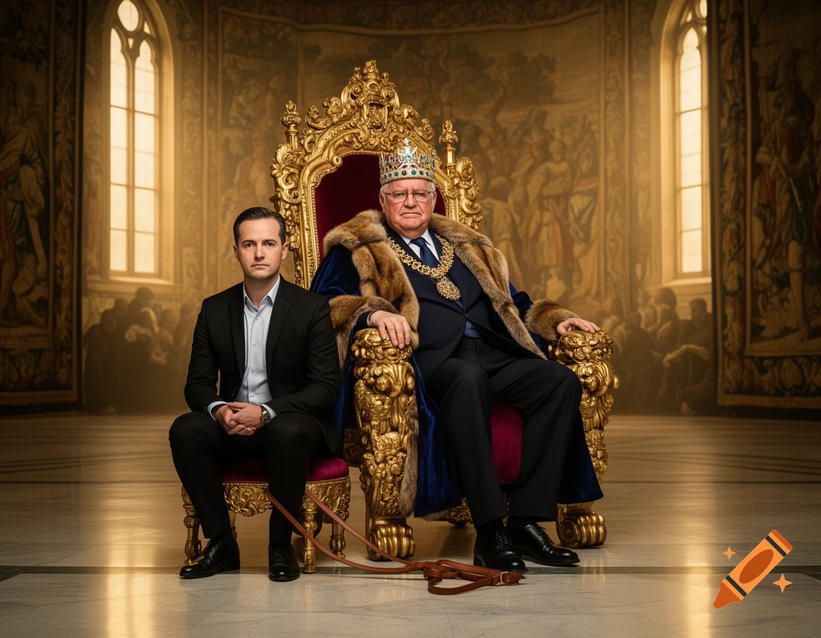 A man dressed as a king sits on a golden throne in a grand hall, while a man in a suit sits on the floor beside him with a leash nearby. Photorealistic style.