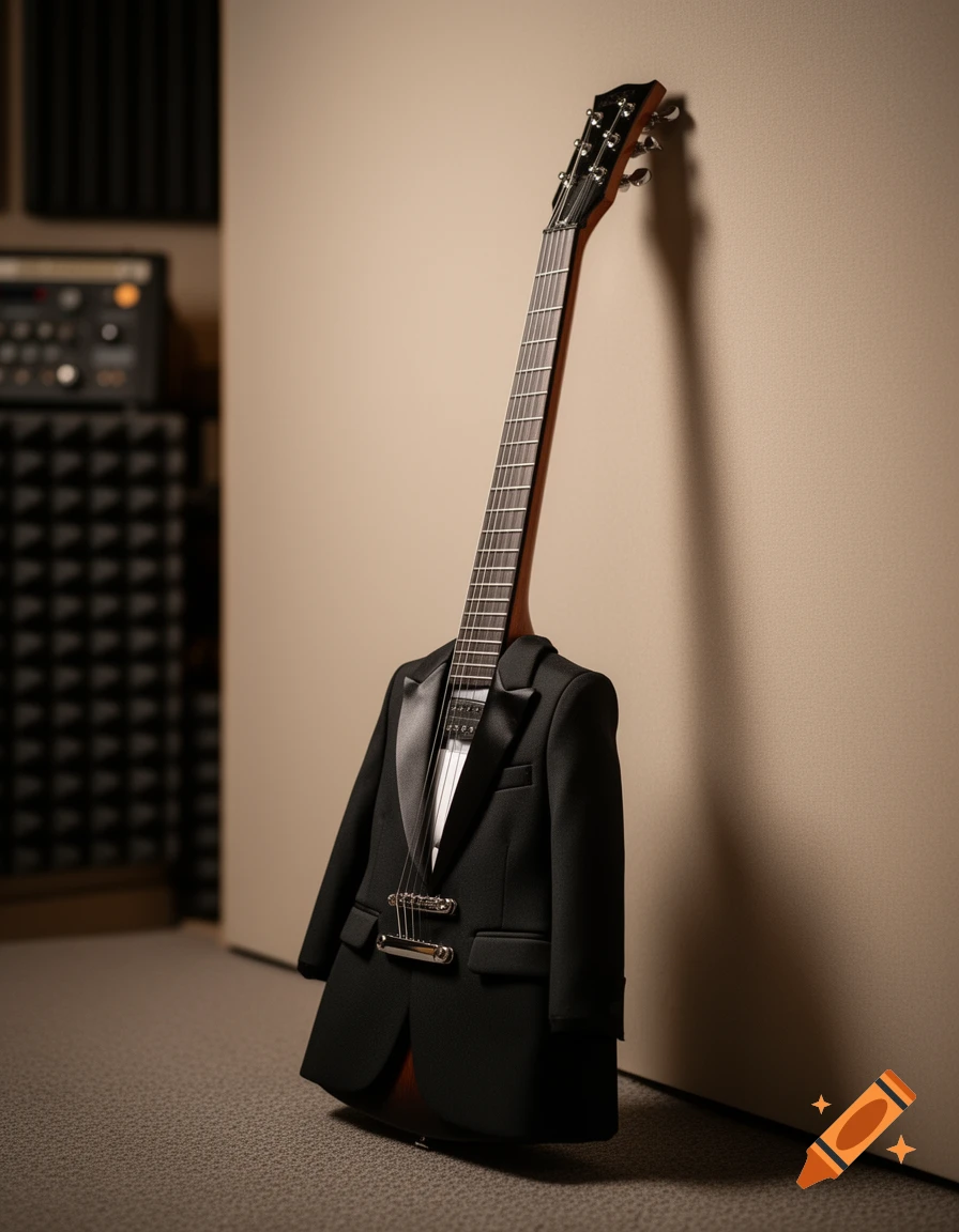 Photorealistic image of a guitar wearing a black tuxedo, leaning against a beige wall in a music studio.