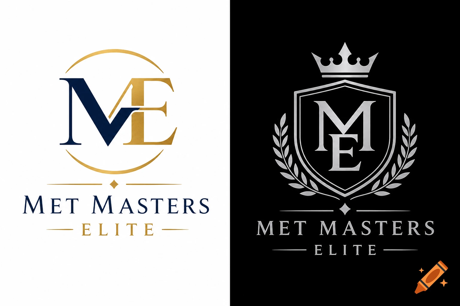 Two luxury logos for 'Met Masters Elite'. One with gold and blue M and E initials on white, the other silver on black with a crest.