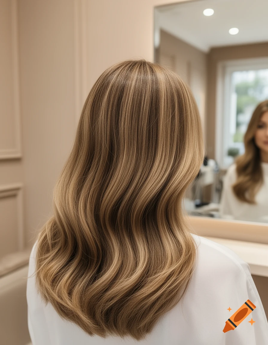 Back view of a woman with long, wavy light brunette hair with highlights, reflected in a mirror.