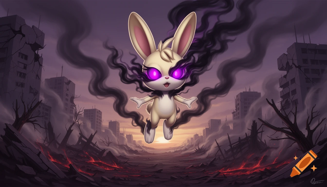 A cartoonish bunny with glowing purple eyes and dark smoke floats menacingly over a ruined, apocalyptic cityscape with lava flows.