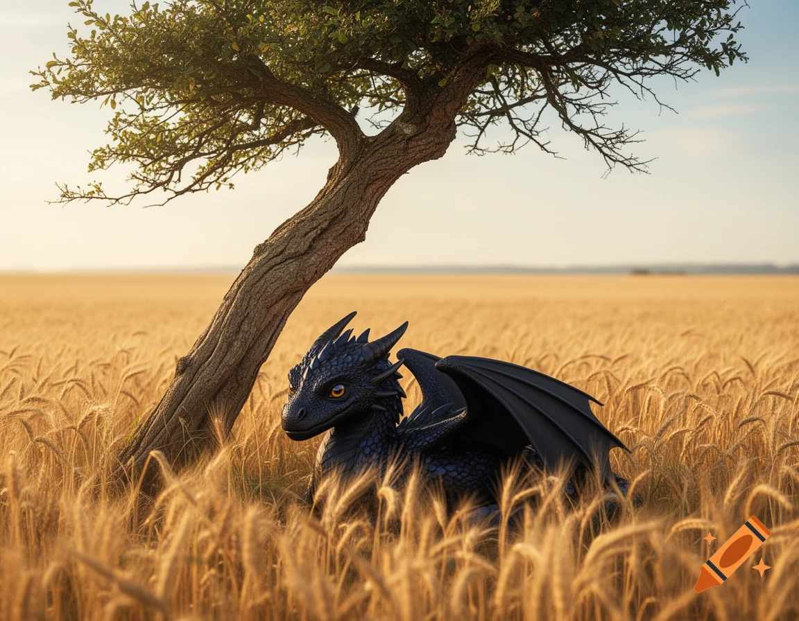A cute dark black dragon sits under a tree in a golden wheat field, bathed in warm sunlight.