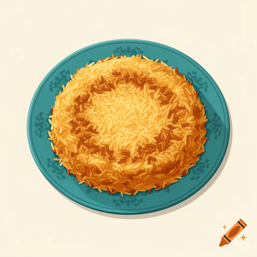 Overhead view of a golden-brown tahdig rice dish on a teal plate with decorative patterns, in vector art style.