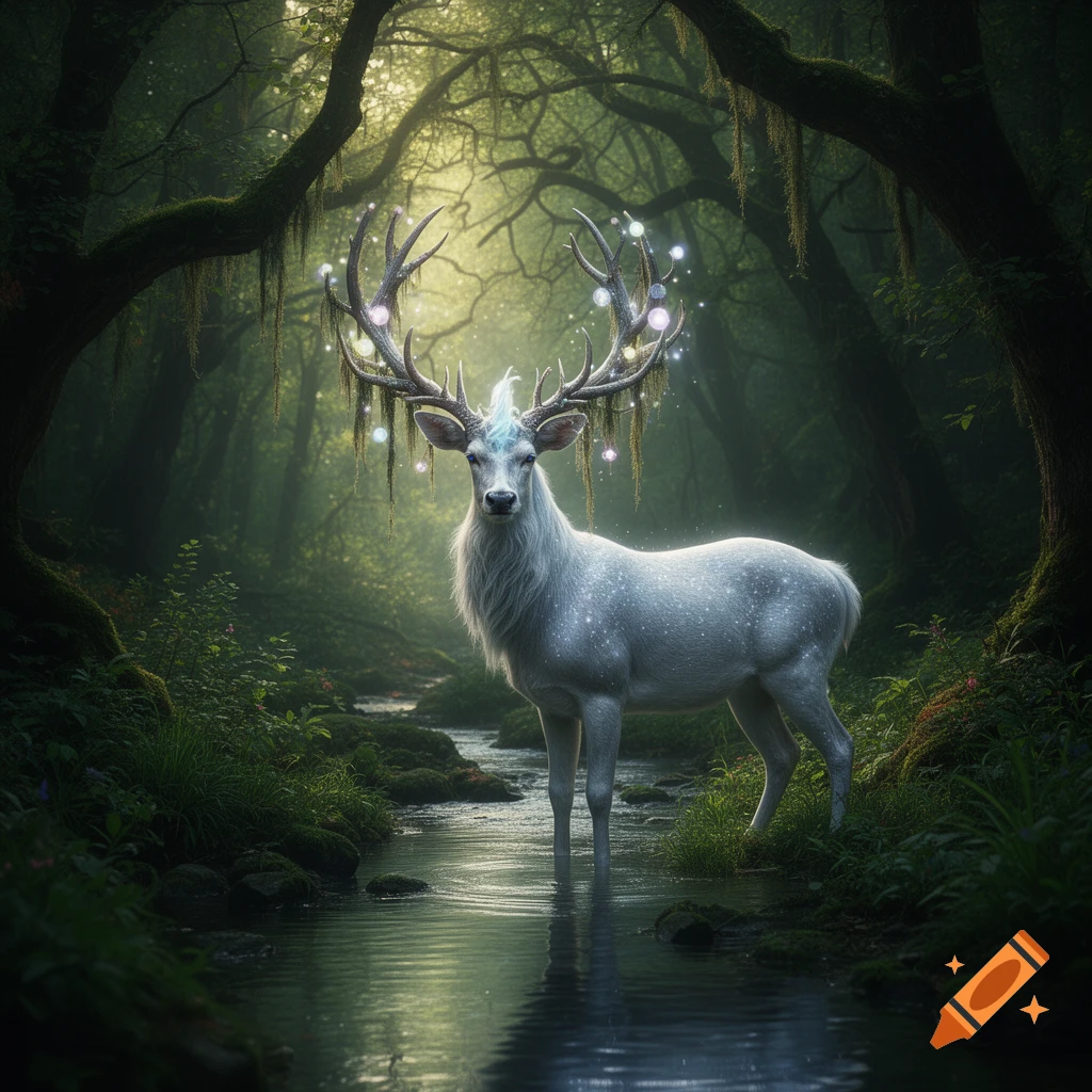 A white, glowing mythical deer with elaborate antlers stands in a sunlit, enchanted forest stream.