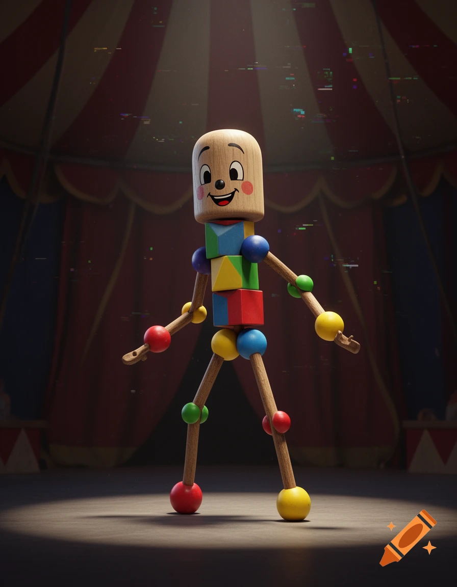 A happy wooden peg toy with a body of colorful blocks and ball joints stands on a dimly lit digital circus stage.