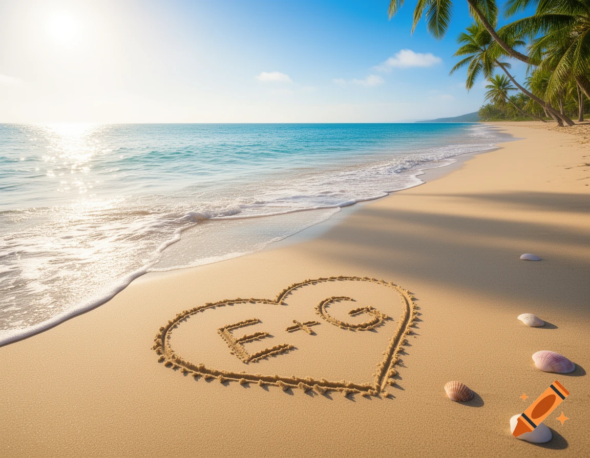 Photorealistic tropical beach with a heart and the letters E+G drawn in the sand, ocean waves, and palm trees under a sunny sky.