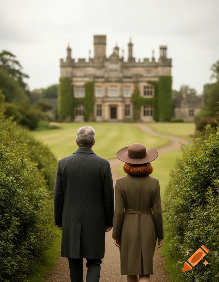 A man and a woman in coats walk away from the viewer on a path leading to a grand British manor house covered in ivy.