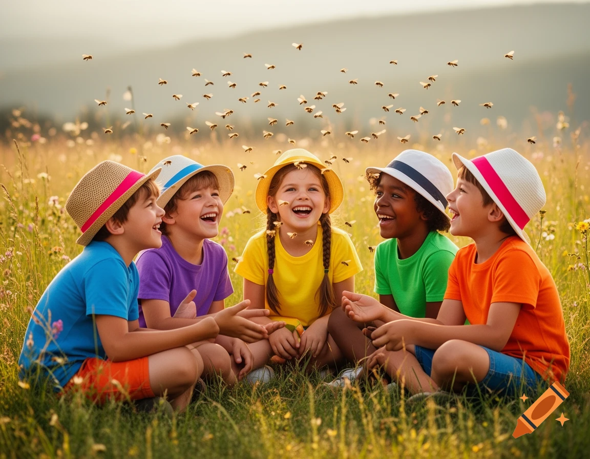 Five diverse children in hats laugh in a sunny meadow with bees flying, photorealistic.