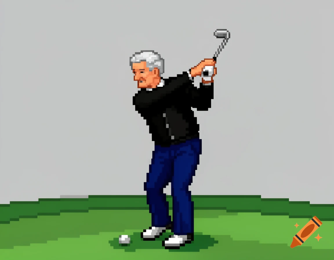 A pixel art illustration of an older man with gray hair in a black jacket and blue pants, swinging a golf club on a green course.