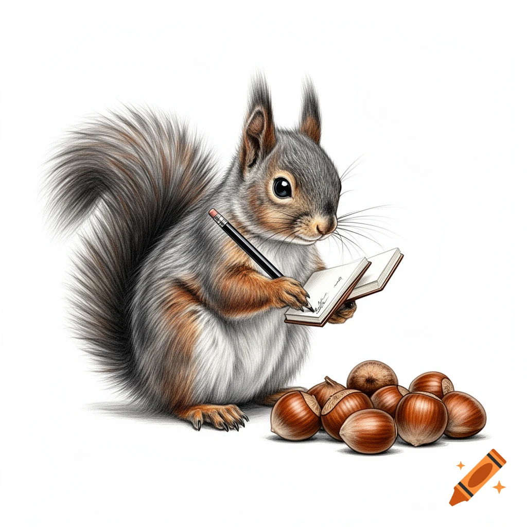 Detailed illustration of a squirrel holding a pencil and writing in a small notebook next to a pile of hazelnuts.
