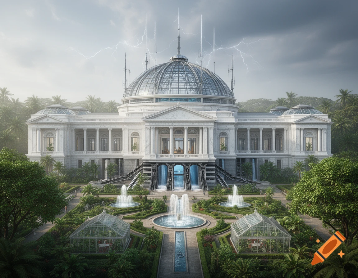 A majestic white palace with a glass dome and lightning rods stands amidst lush tropical gardens and fountains under a stormy sky.