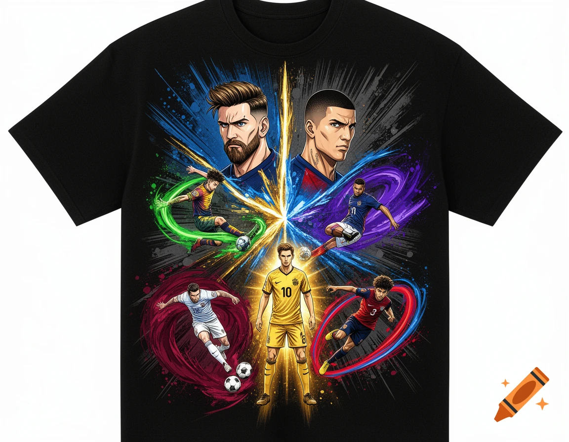 Anime-style graphic T-shirt featuring seven famous football players in dynamic action poses with energy auras against a dark, abstract background.