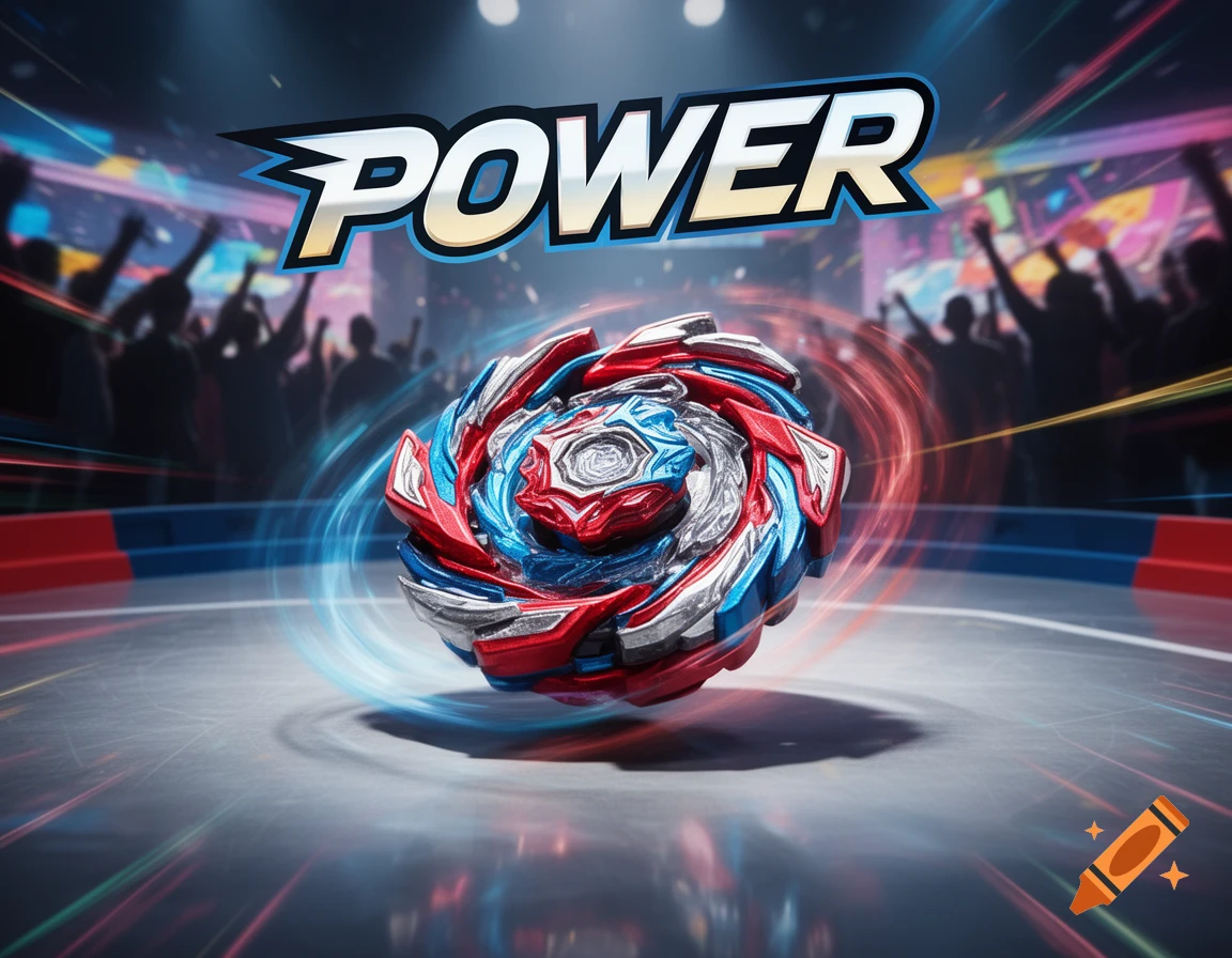 A red, blue, and silver Beyblade spinning in a stadium, with the word 'POWER' above and a blurred crowd in the background.