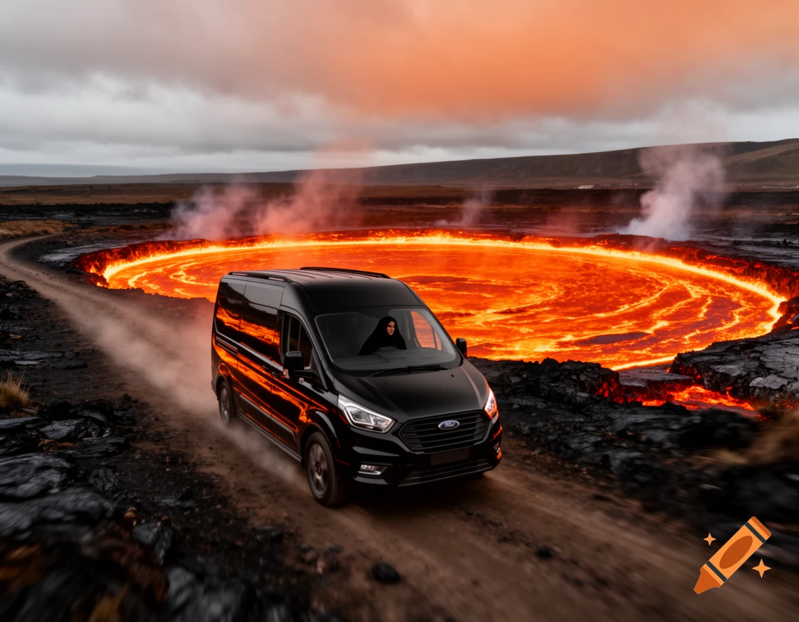 A black van drives on a dusty road next to a large, glowing circular pool of molten lava, with smoke rising in the background under a cloudy sky.