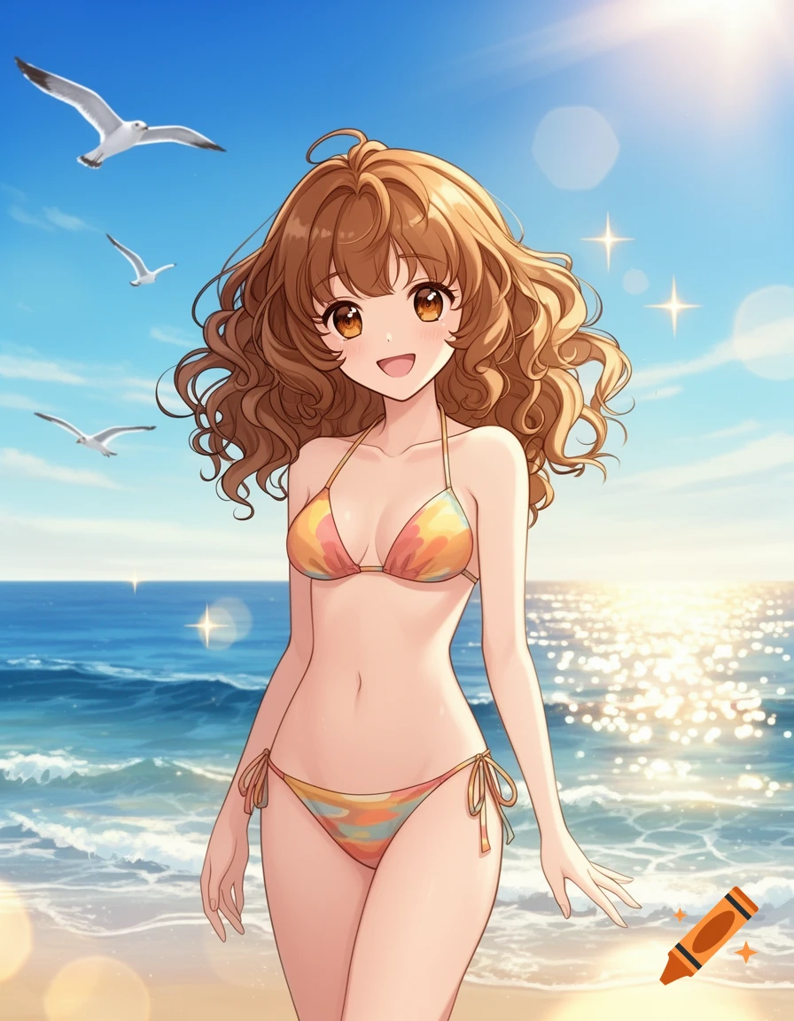 Anime girl with curly brown hair smiling in a colorful bikini on a sunny beach with seagulls flying.