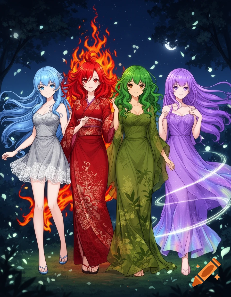 Four anime women with blue, red, green, and purple hair stand in a dark, ethereal forest with a fire and glowing elements.