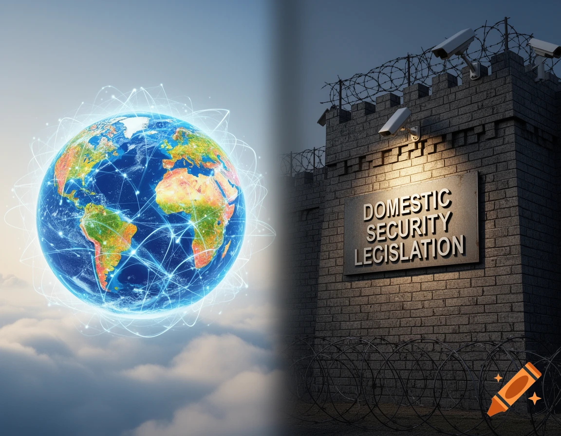 A split image showing a glowing global network on the left and a brick security wall with cameras and 'DOMESTIC SECURITY LEGISLATION' sign on the right.