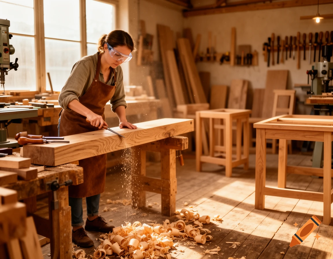 A woman in a carpentry workshop carves a wooden beam with a chisel, producing wood shavings, bathed in sunlight.