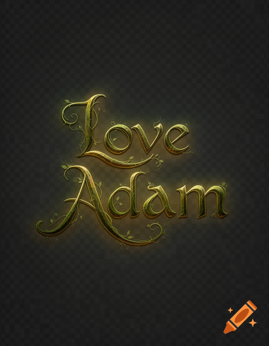 Golden, leafy 'Love Adam' text in a Tolkien-inspired calligraphic style on a dark background.