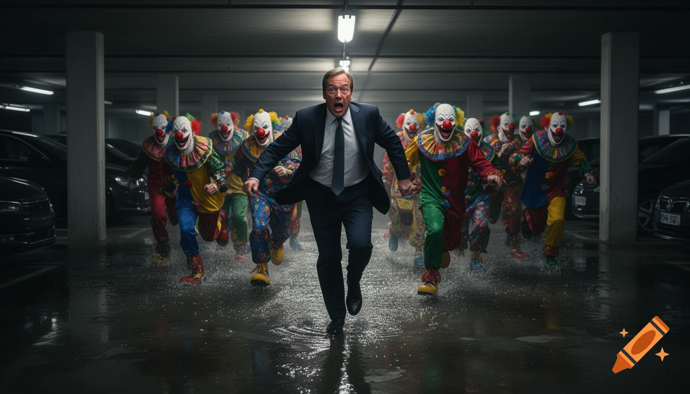 A man in a suit runs in a dark, wet underground parking lot, pursued by a pack of menacing clowns.