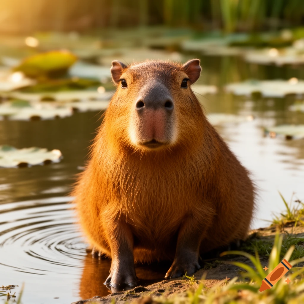 Close-up photorealistic shot of a capybara sitting at the edge of a pond with lily pads, bathed in warm sunlight.
