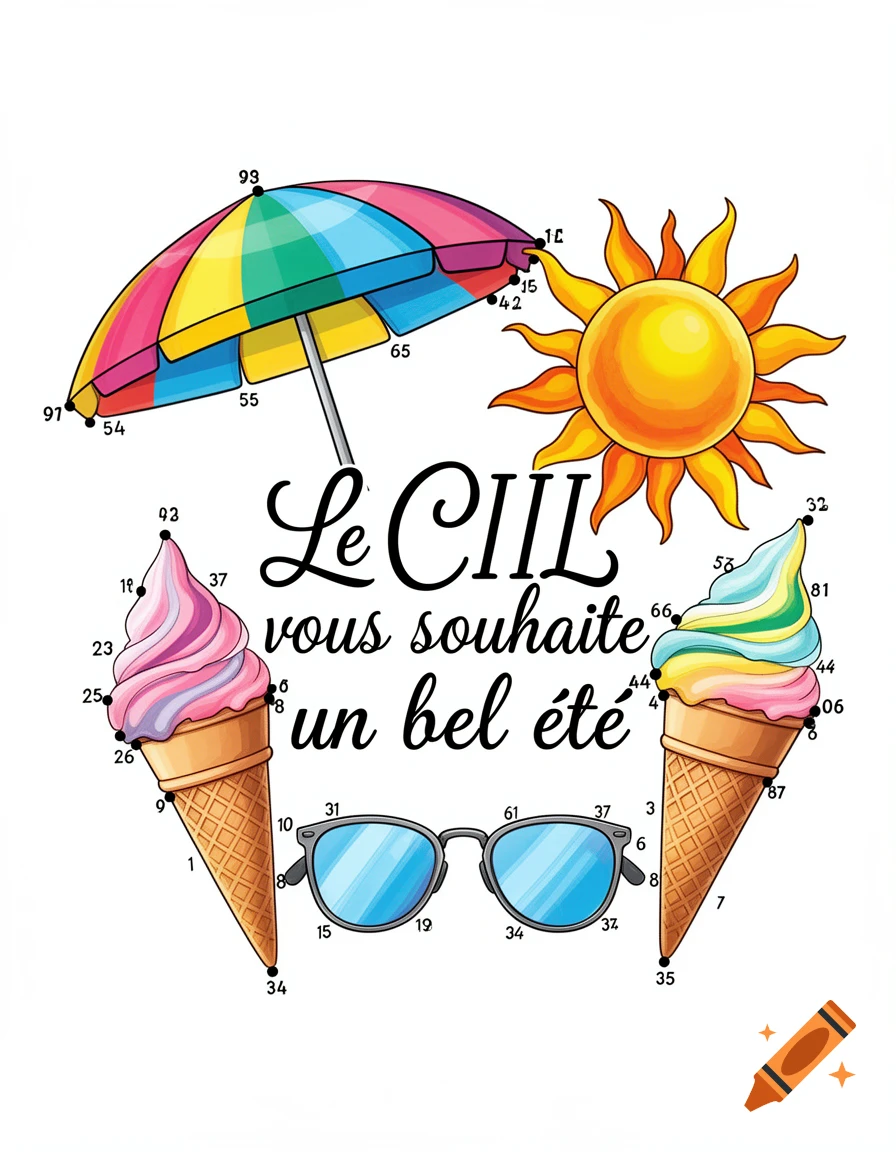 Colorful illustration of summer objects like a parasol, sun, ice cream, and sunglasses, with numbered dots for a connect-the-dots game and French text.
