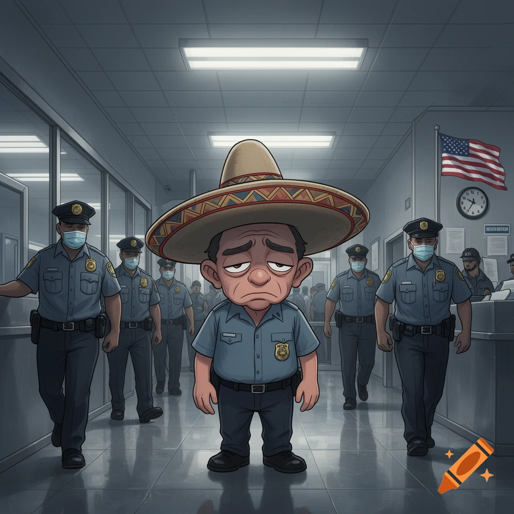 Cartoon of a sad character wearing a large sombrero and police uniform, surrounded by masked police officers in a hallway.