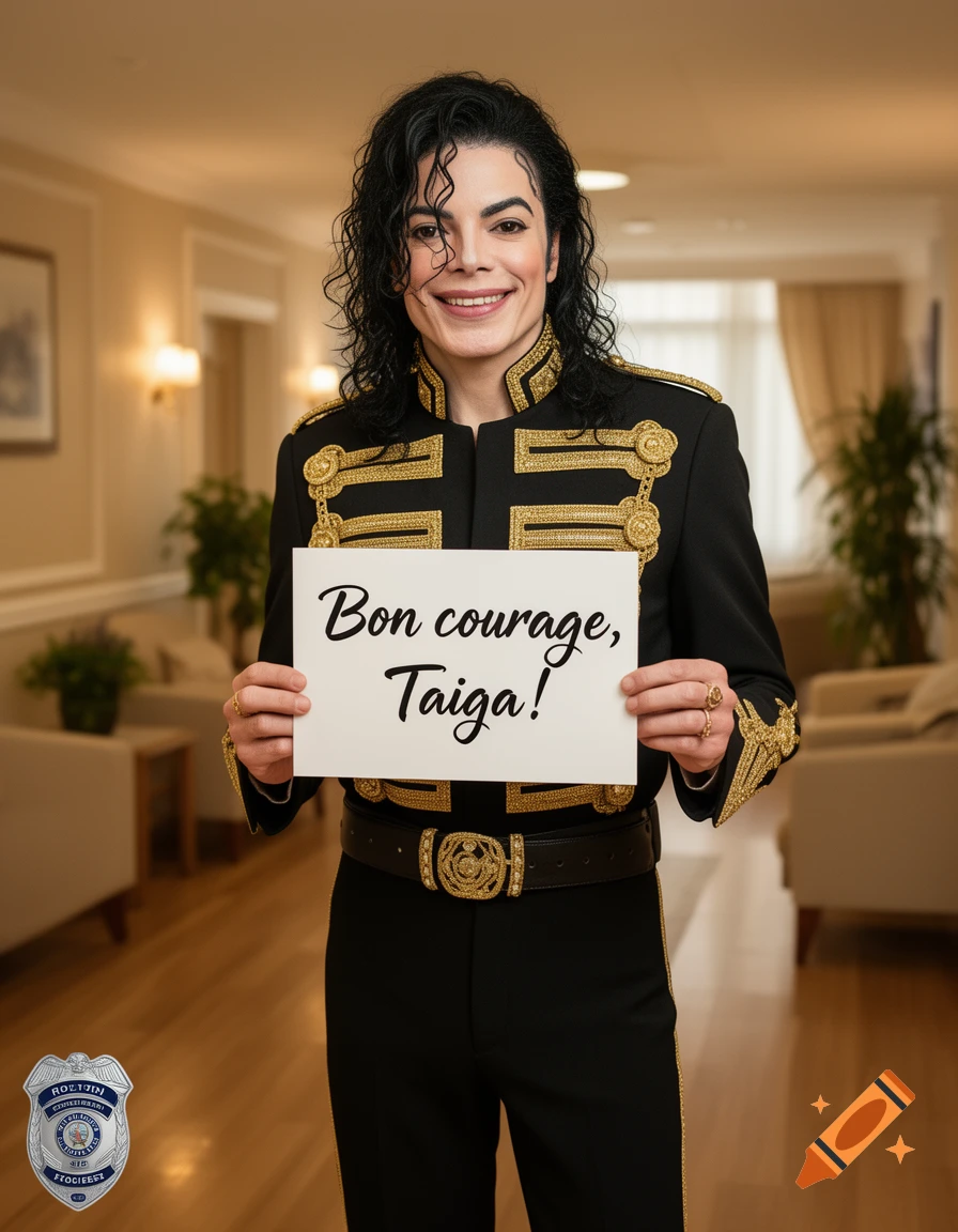Michael Jackson smiling in a military-style black and gold jacket, holding a white sign that reads "Bon courage, Taiga!" in a well-lit hallway.