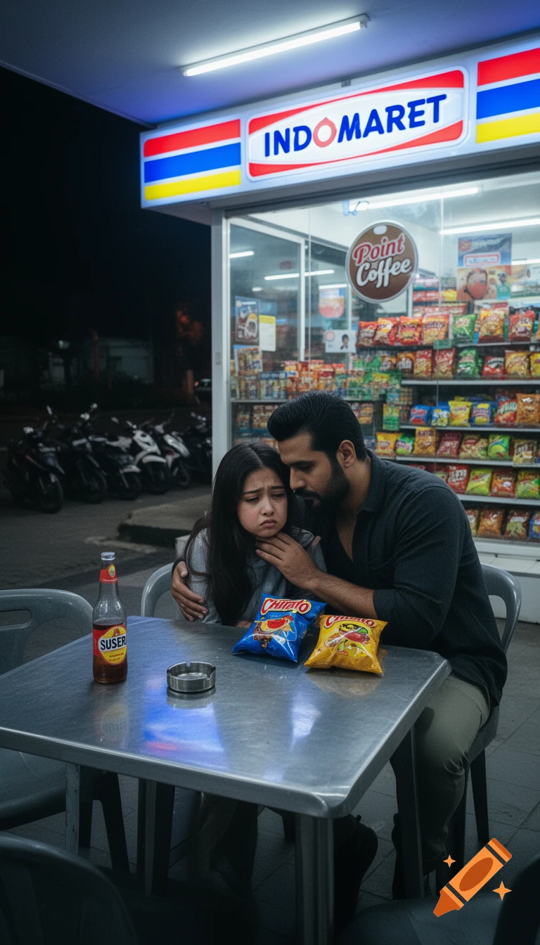A man comforts an upset girl at a metal table outside an Indomaret convenience store at night, with snack bags and a bottle.