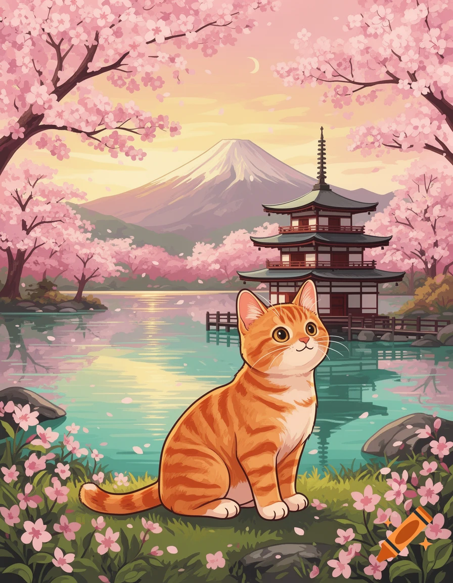 A whimsical illustration of an orange tabby cat sitting in a Japanese spring landscape with pink cherry blossoms, a pagoda, lake, and Mount Fuji.