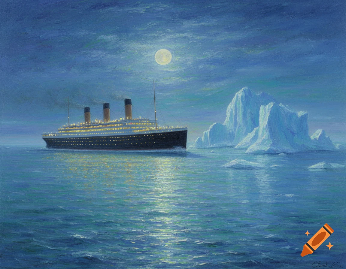 A painterly depiction of the Titanic on a moonlit ocean, approaching a large iceberg in the distance.