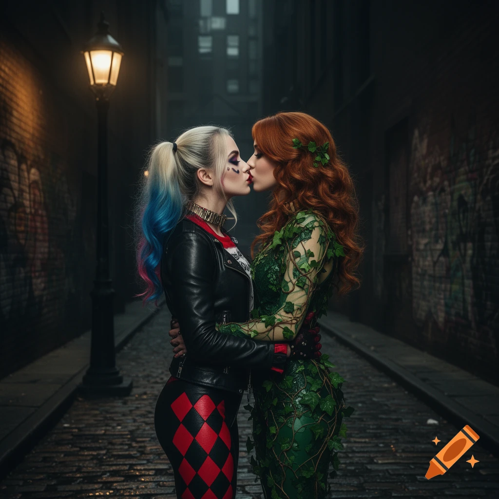 Photorealistic image of Harley Quinn and Poison Ivy embracing and kissing in a dimly lit urban alley with graffiti.
