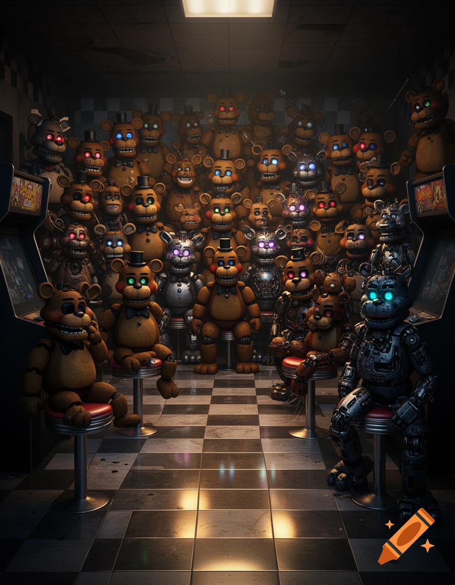 A large crowd of Freddy Fazbear animatronics, in various styles and colors, some glowing, gathered in a dimly lit arcade room with checkerboard floors and arcade machines.