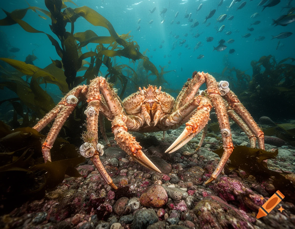 Photorealistic low-angle view of a large spider crab on a rocky ocean floor, with kelp and schooling fish in blue water.