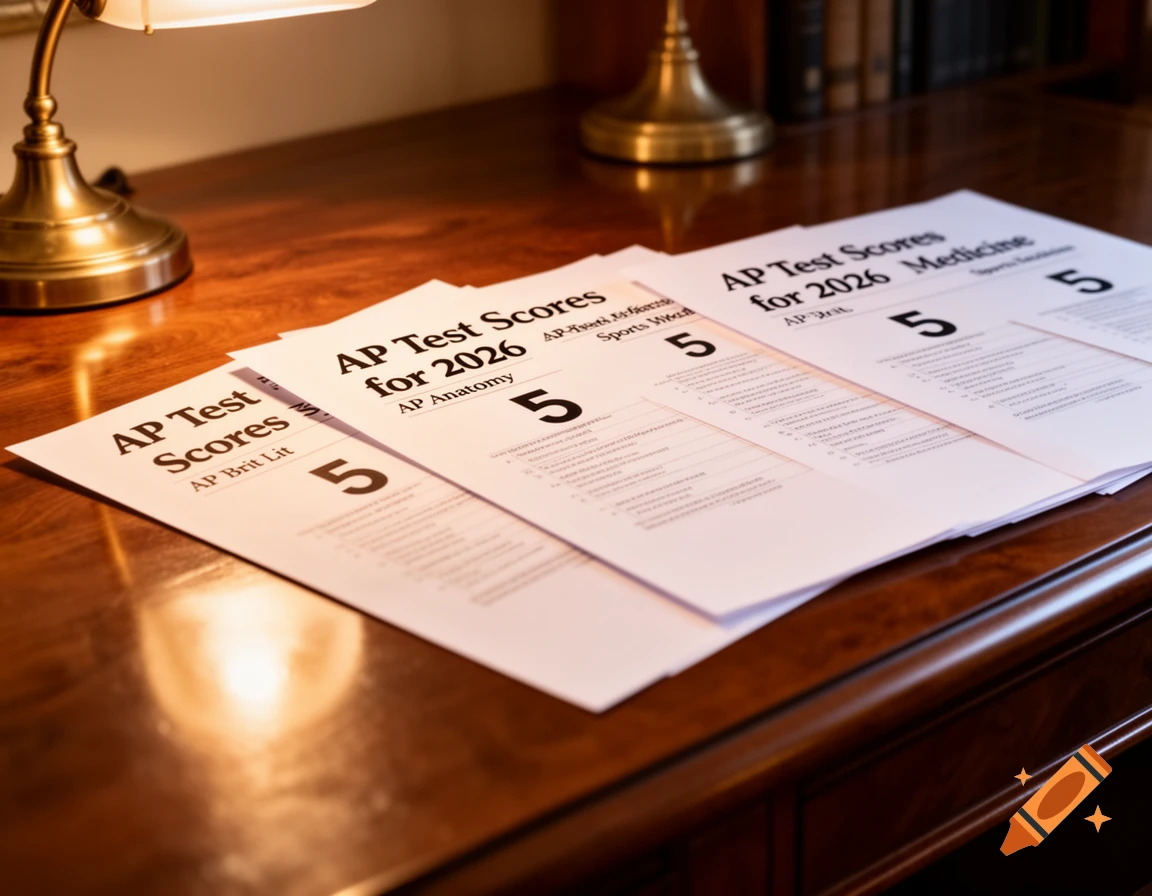 AP test score reports for 2026 with scores of 5 in Brit Lit, Anatomy, and Sports Medicine on a wooden desk.