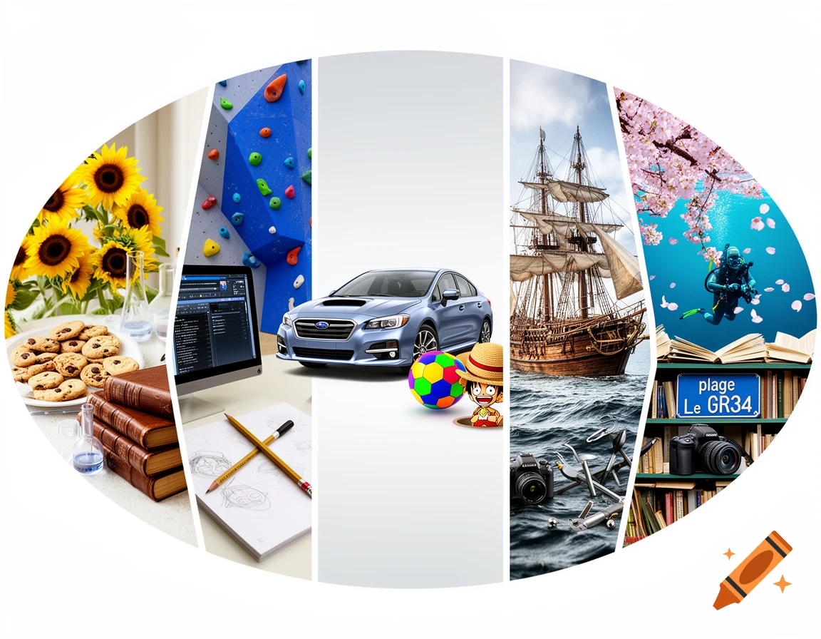An oval-shaped collage split into five asymmetrical sections, showcasing sunflowers, cookies, chemistry beakers, books, a climbing wall, a computer, drawing pencils, a blue Subaru car, a beach ball, a straw hat, a sailing ship, tools, a camera, an underwater diver, cherry blossoms, and a sign reading 'plage Le GR34'.