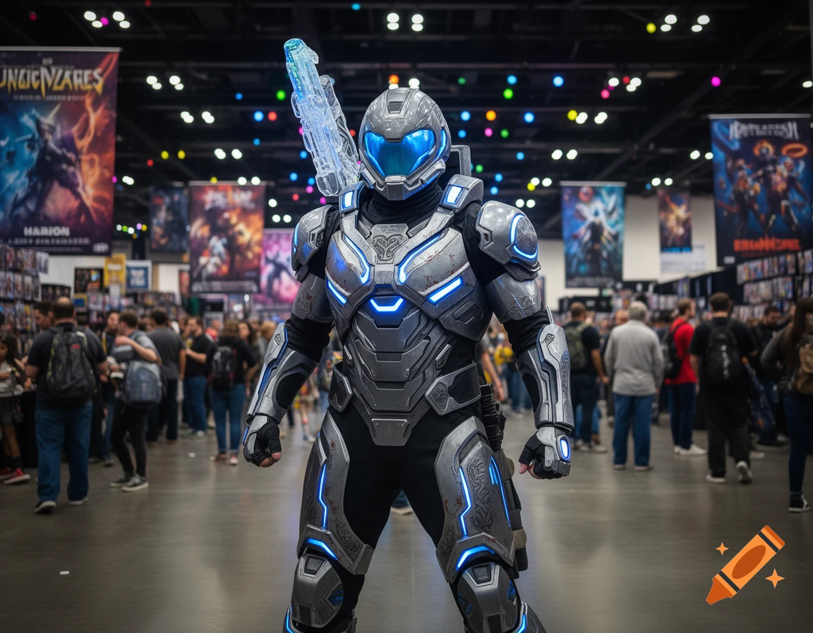 A person in a detailed futuristic sci-fi cosplay suit with blue glowing accents stands at a busy convention floor.