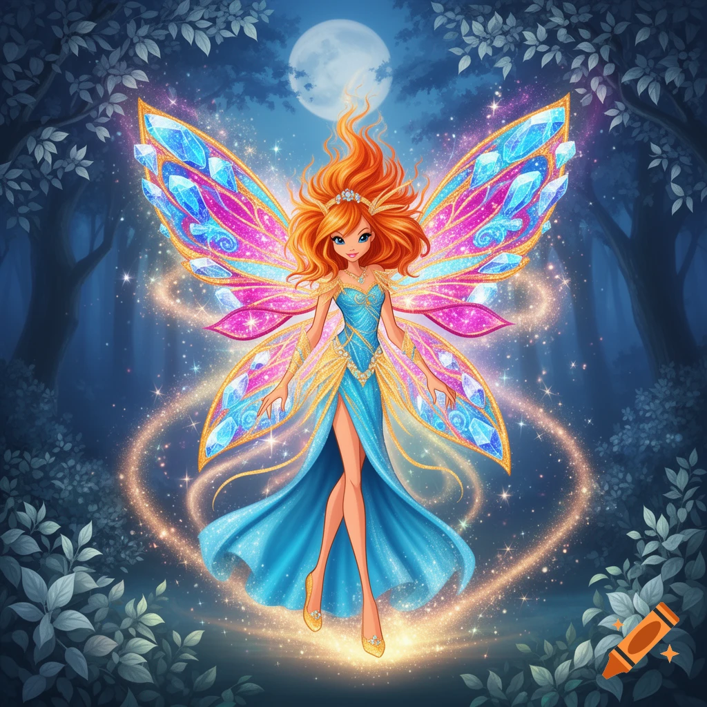 Cartoon fairy with fiery orange hair, a blue dress, and large sparkling crystal wings stands in an enchanted forest under a full moon, surrounded by glowing magic.