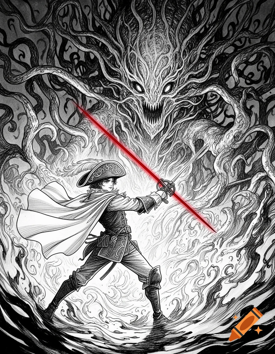 A musketeer with a glowing red sword fights a swirling, tentacled eldritch horror in black and white Japanese line art style.