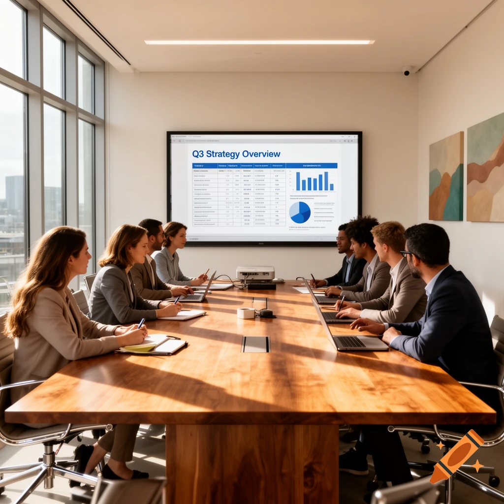Professionals in a modern conference room with a large screen displaying Q3 strategy data and charts.