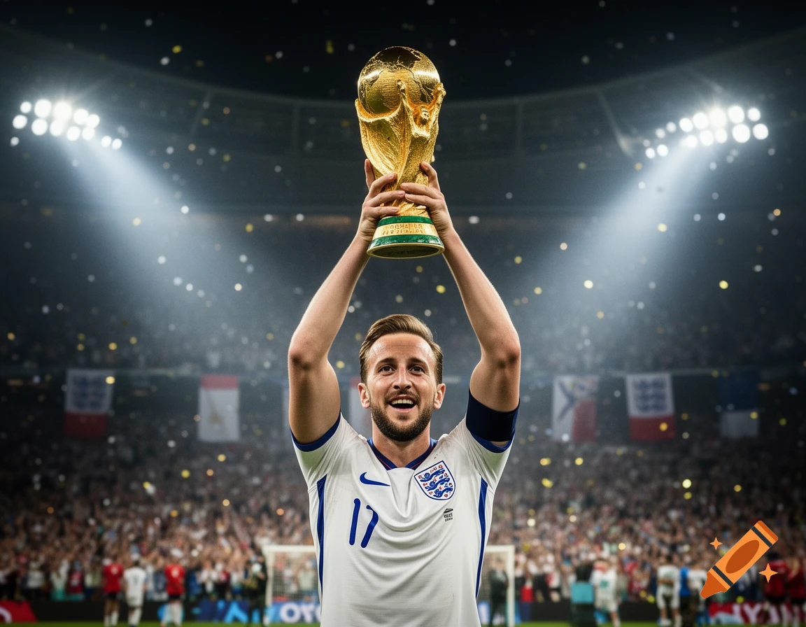 Footballer Harry Kane in an England jersey lifts the World Cup trophy in a stadium filled with cheering fans and falling confetti.