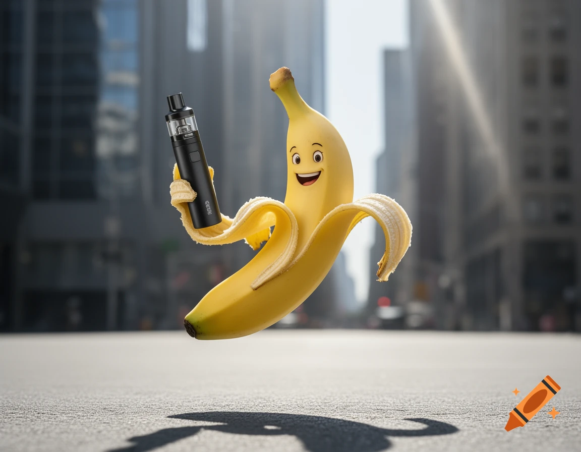 A smiling, partially peeled cartoon banana floats in a city street, holding a black vape device.